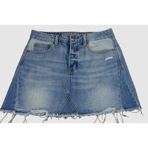 American Eagle Button Fly Denim Skirt Short Size 6 Frayed Hem Distressed Pockets